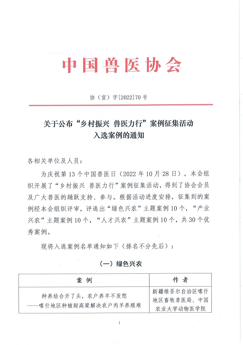 协（宣）字[2022]70号——关于公布“乡村振兴 兽医行动”案例征集活动入选案例的通知_页面_1.jpg