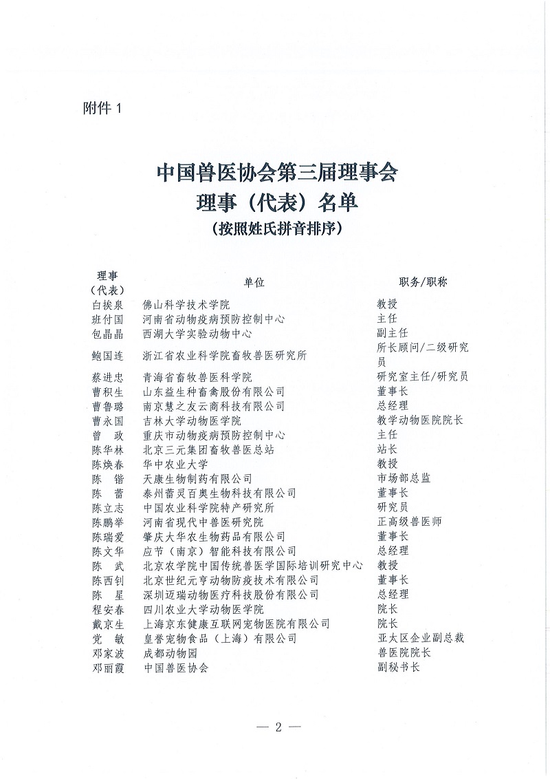 协（员）字[2022]109号——关于公布中国兽医协会第三届理事会理事（代表）、常务理事（代表）名单的通知_页面_2.jpg